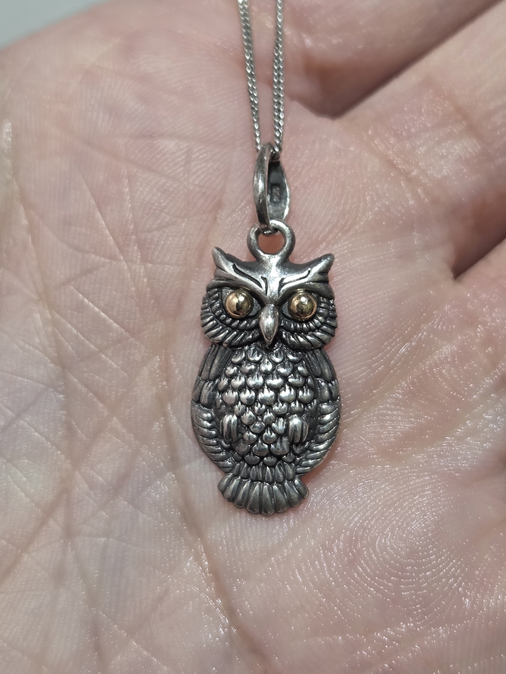 Savvy Cie Silver Owl Pendant Necklace with Gold Eyes